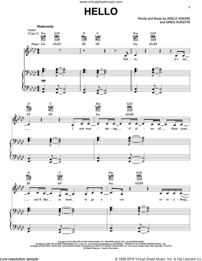 Hello sheet music for voice, piano or guitar by Adele, Adele Adkins and Greg Kurstin, intermediate skill level