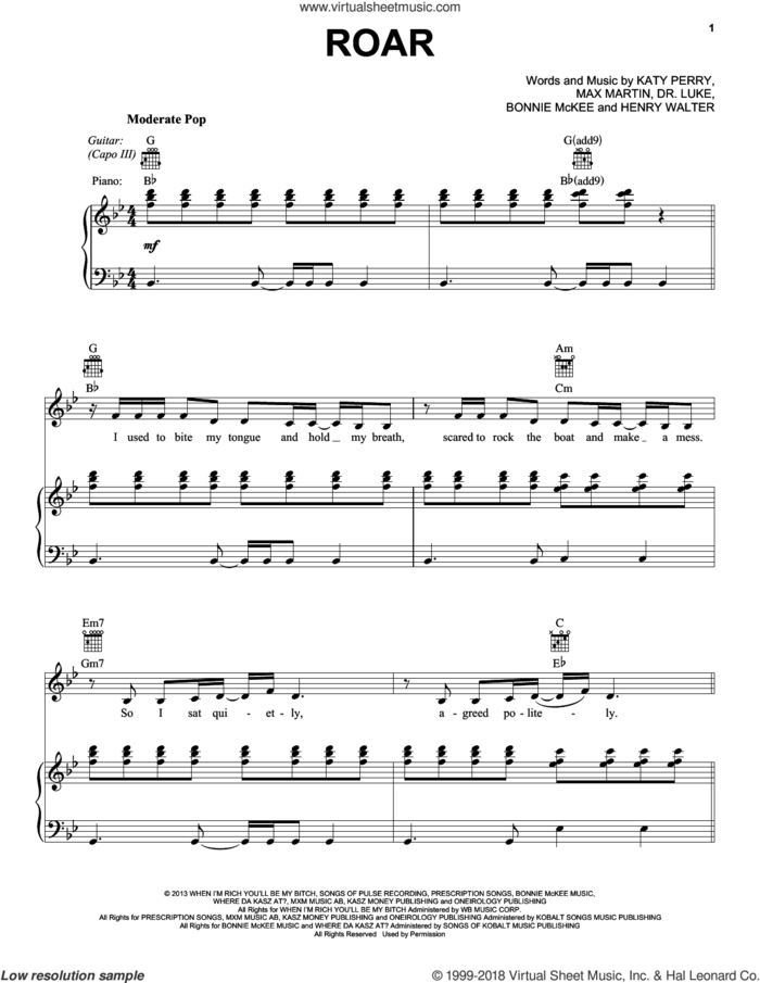 Roar sheet music for voice, piano or guitar by Katy Perry, Bonnie McKee, Dr. Luke, Henry Walter and Max Martin, intermediate skill level