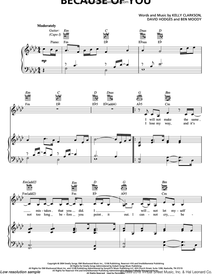 Because Of You sheet music for voice, piano or guitar by Kelly Clarkson, Reba McEntire duet with Kelly Clarkson, Ben Moody and David Hodges, intermediate skill level