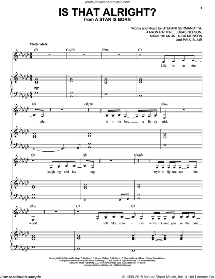 Is That Alright? (from A Star Is Born) sheet music for voice and piano by Lady Gaga, Aaron Raitiere, Lukas Nelson, Mark Nilan Jr., Nick Monson and Paul Blair, intermediate skill level