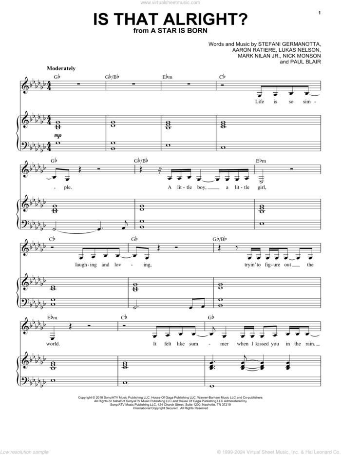 Is That Alright? (from A Star Is Born) sheet music for voice and piano by Lady Gaga, Aaron Raitiere, Lukas Nelson, Mark Nilan Jr., Nick Monson and Paul Blair, intermediate skill level