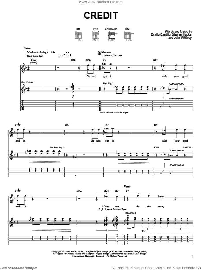 Credit (Go And Get It With Your Good Credit) sheet music for guitar (tablature) by Tower Of Power, Jeff Tamelier, Emilio Castillo, John Whitney and Stephen Kupka, intermediate skill level