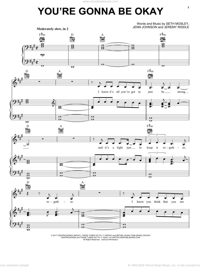 You're Gonna Be Okay sheet music for voice, piano or guitar by Brian & Jenn Johnson, Jenn Johnson, Jeremy Riddle and Seth Mosley, intermediate skill level