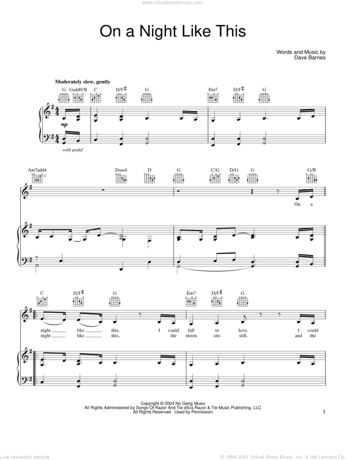 On A Night Like This sheet music for voice, piano or guitar by Dave Barnes, wedding score, intermediate skill level