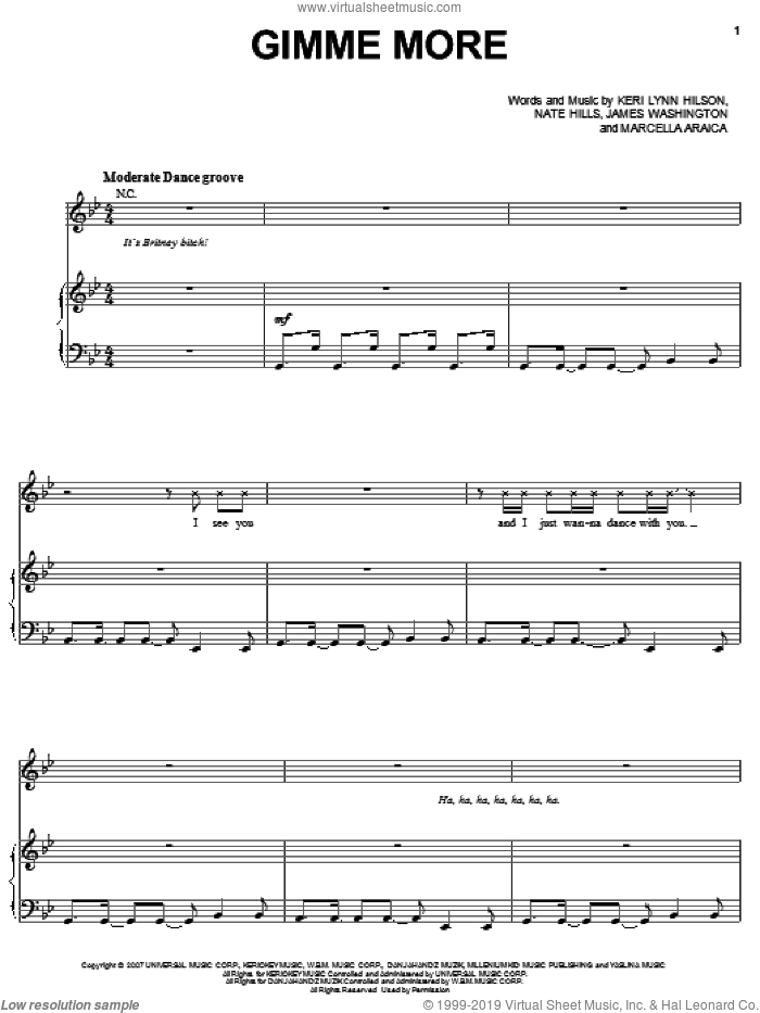 Gimme More sheet music for voice, piano or guitar by Britney Spears, James Washington, Keri Lynn Hilson, Marcella Araica and Nate Hills, intermediate skill level