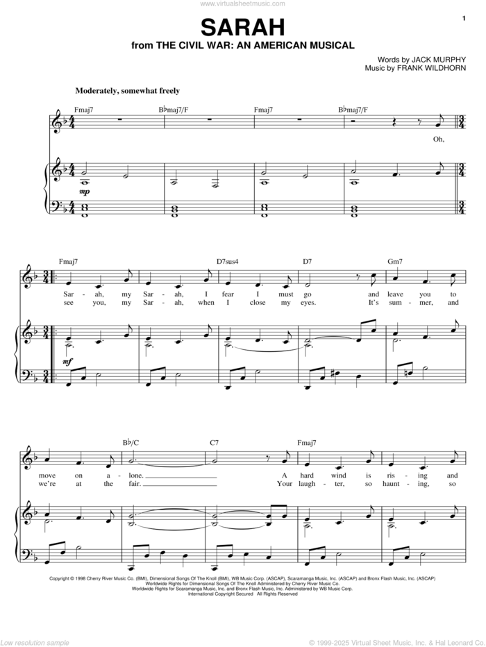 Sarah sheet music for voice and piano by Joan Frey Boytim, Frank Wildhorn and Jack Murphy, intermediate skill level