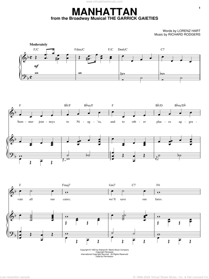 Manhattan sheet music for voice and piano by Joan Frey Boytim, Rodgers & Hart, Lorenz Hart and Richard Rodgers, intermediate skill level