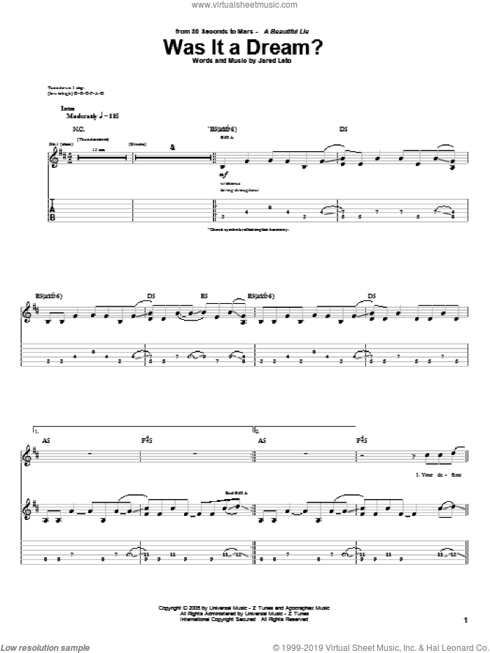 Was It A Dream? sheet music for guitar (tablature) by 30 Seconds To Mars and Jared Leto, intermediate skill level