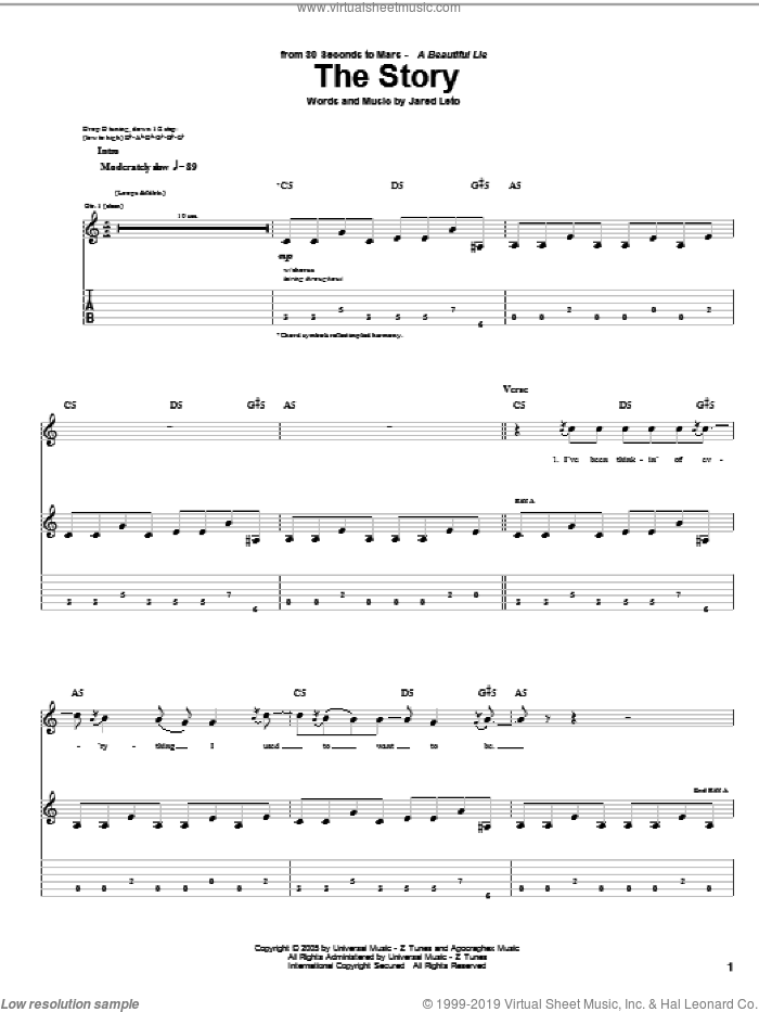 The Story sheet music for guitar (tablature) by 30 Seconds To Mars and Jared Leto, intermediate skill level
