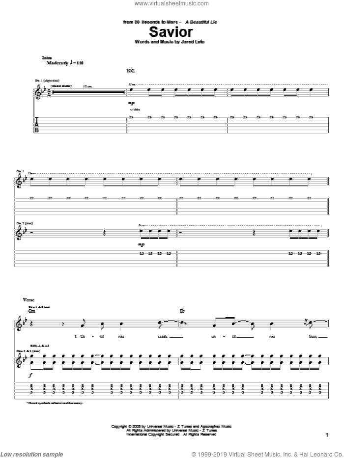 Savior sheet music for guitar (tablature) by 30 Seconds To Mars and Jared Leto, intermediate skill level