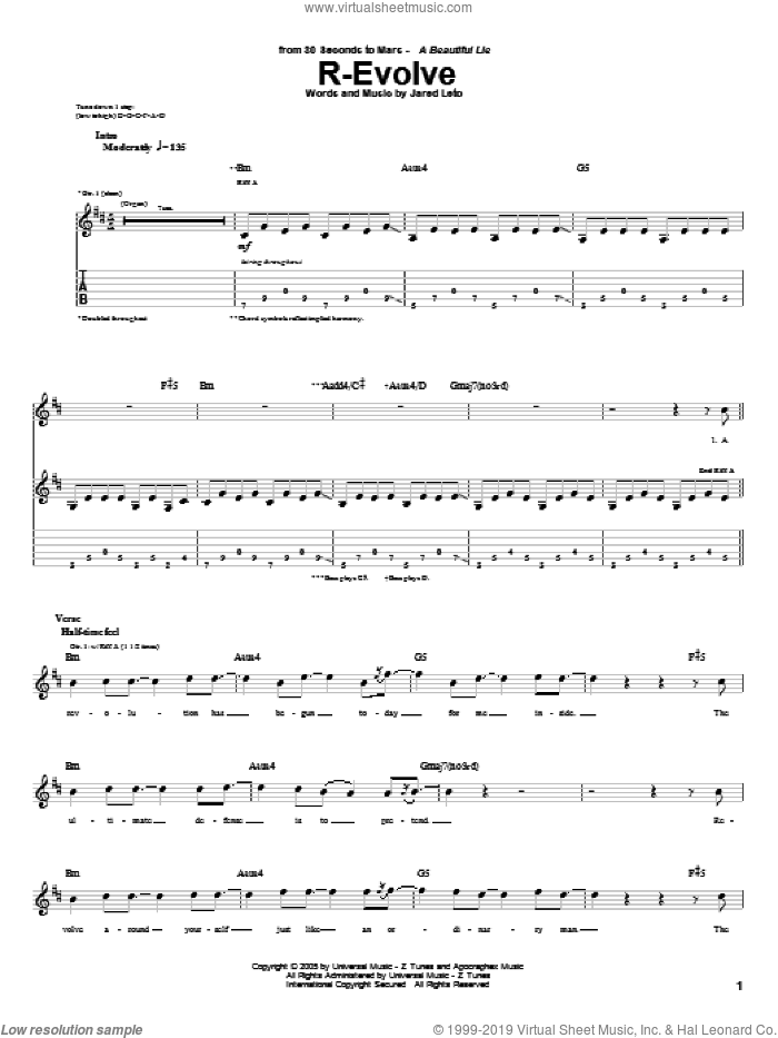R-Evolve sheet music for guitar (tablature) by 30 Seconds To Mars and Jared Leto, intermediate skill level