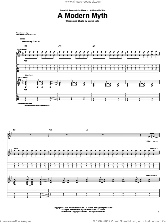 A Modern Myth sheet music for guitar (tablature) by 30 Seconds To Mars and Jared Leto, intermediate skill level
