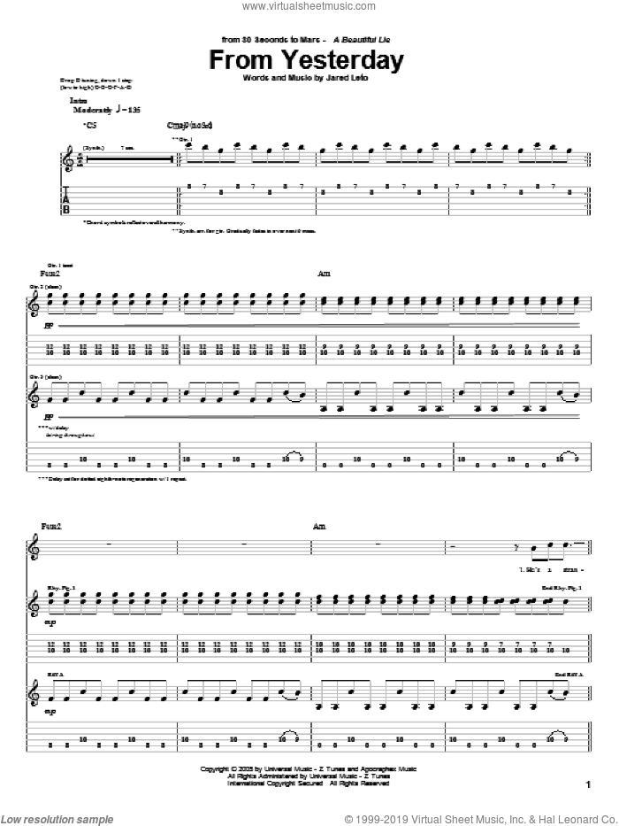 From Yesterday sheet music for guitar (tablature) by 30 Seconds To Mars and Jared Leto, intermediate skill level