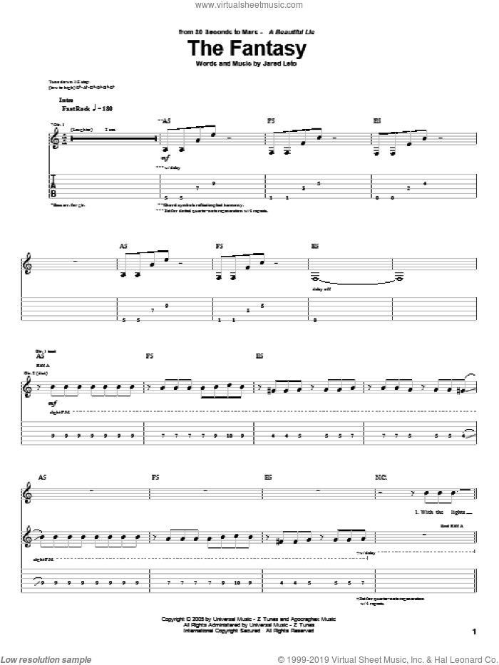 The Fantasy sheet music for guitar (tablature) by 30 Seconds To Mars and Jared Leto, intermediate skill level