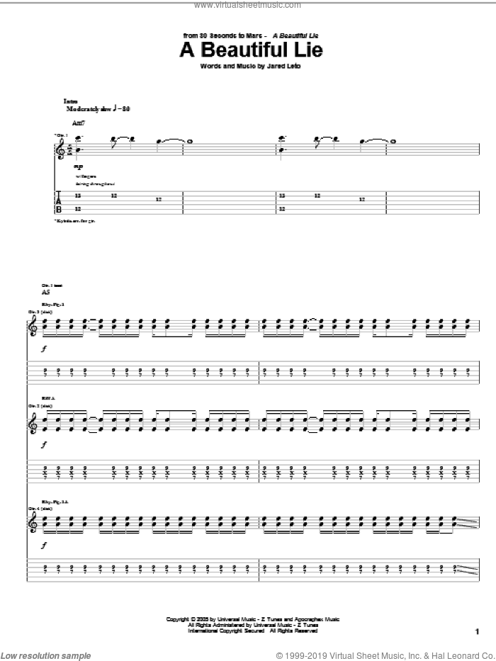A Beautiful Lie sheet music for guitar (tablature) by 30 Seconds To Mars and Jared Leto, intermediate skill level