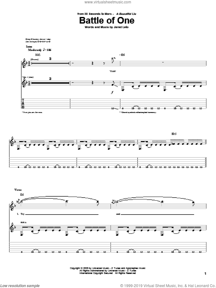 Battle Of One sheet music for guitar (tablature) by 30 Seconds To Mars and Jared Leto, intermediate skill level