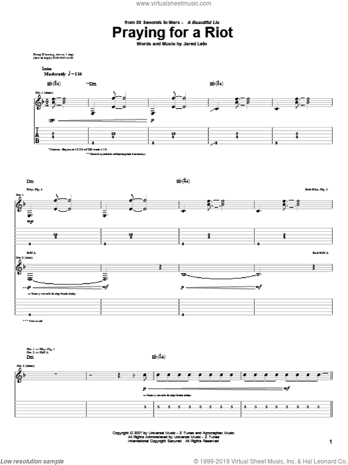 Praying For A Riot sheet music for guitar (tablature) by 30 Seconds To Mars and Jared Leto, intermediate skill level