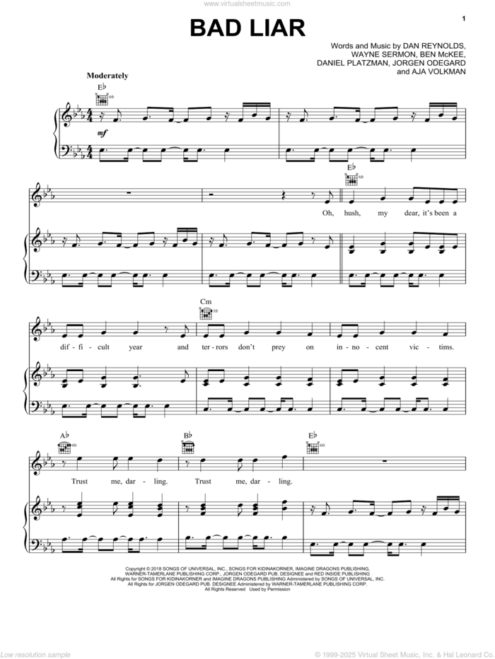 Bad Liar sheet music for voice, piano or guitar by Imagine Dragons, Aja Volkman, Ben McKee, Dan Reynolds, Daniel Platzman, Jorgen Odegard and Wayne Sermon, intermediate skill level