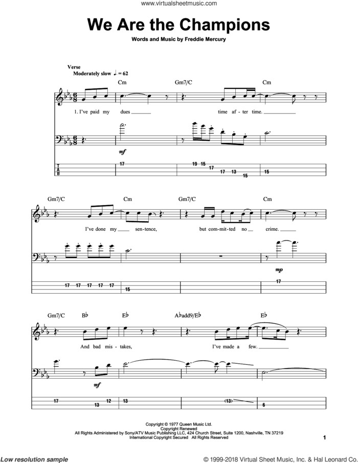 We Are The Champions sheet music for bass (tablature) (bass guitar) by Queen and Freddie Mercury, intermediate skill level