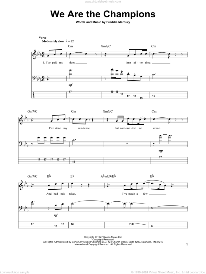 We Are The Champions sheet music for bass (tablature) (bass guitar) by Queen and Freddie Mercury, intermediate skill level