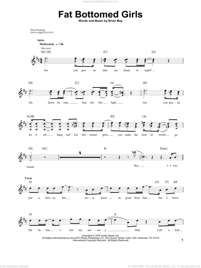 Fat Bottomed Girls sheet music for bass (tablature) (bass guitar) by Queen and Brian May, intermediate skill level