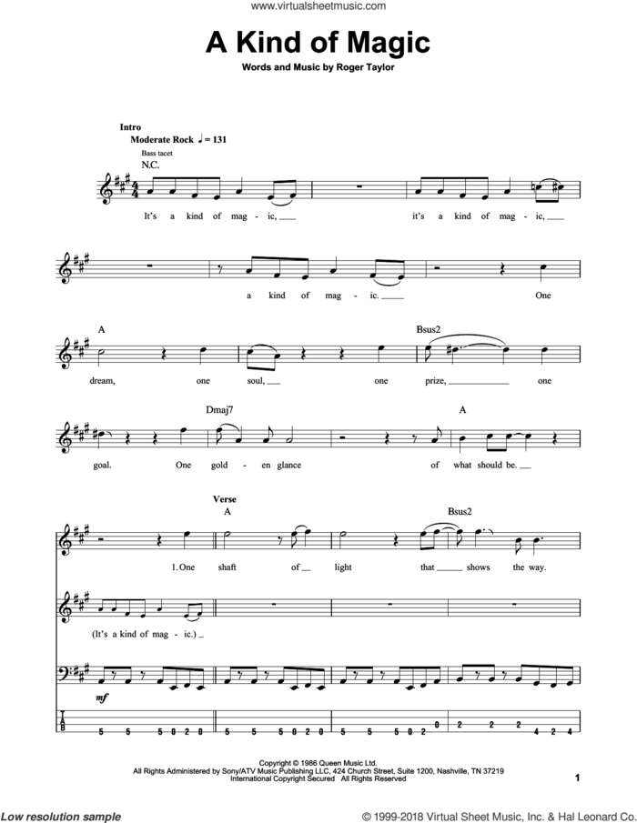 A Kind Of Magic sheet music for bass (tablature) (bass guitar) by Queen and Roger Taylor, intermediate skill level