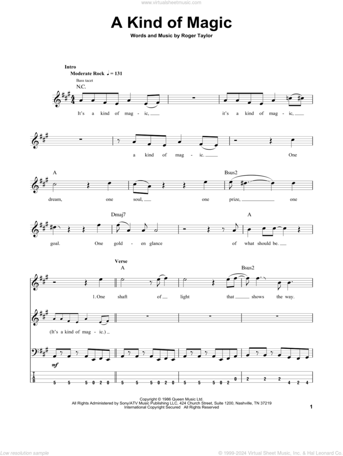 A Kind Of Magic sheet music for bass (tablature) (bass guitar) by Queen and Roger Taylor, intermediate skill level