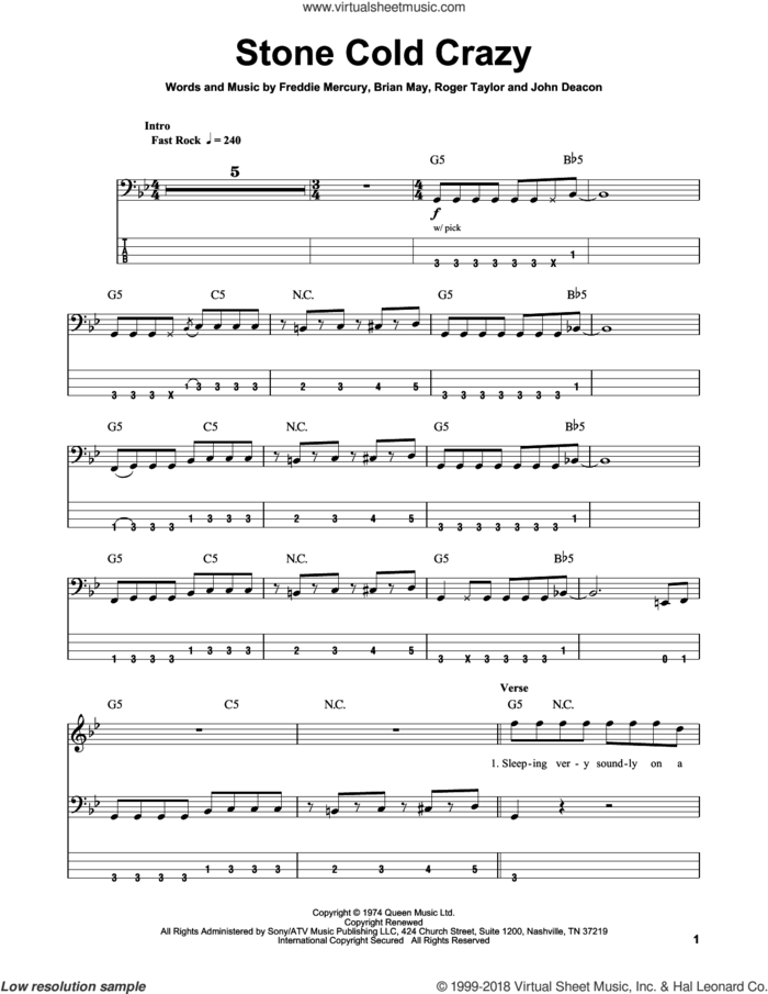 Stone Cold Crazy sheet music for bass (tablature) (bass guitar) by Queen, Brian May, Freddie Mercury, John Deacon and Roger Taylor, intermediate skill level