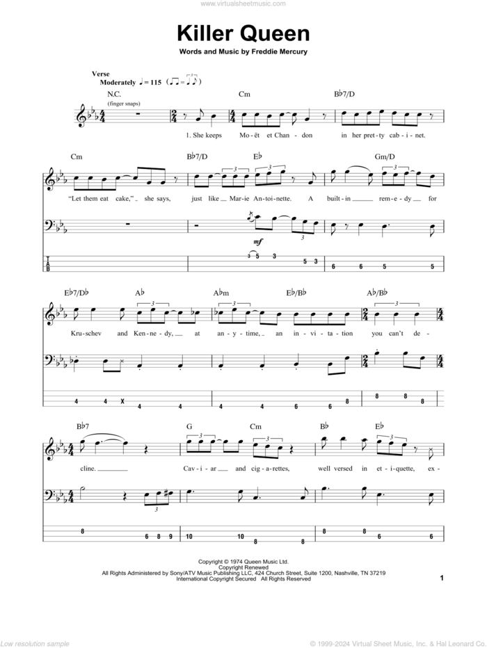 Killer Queen sheet music for bass (tablature) (bass guitar) by Queen and Freddie Mercury, intermediate skill level