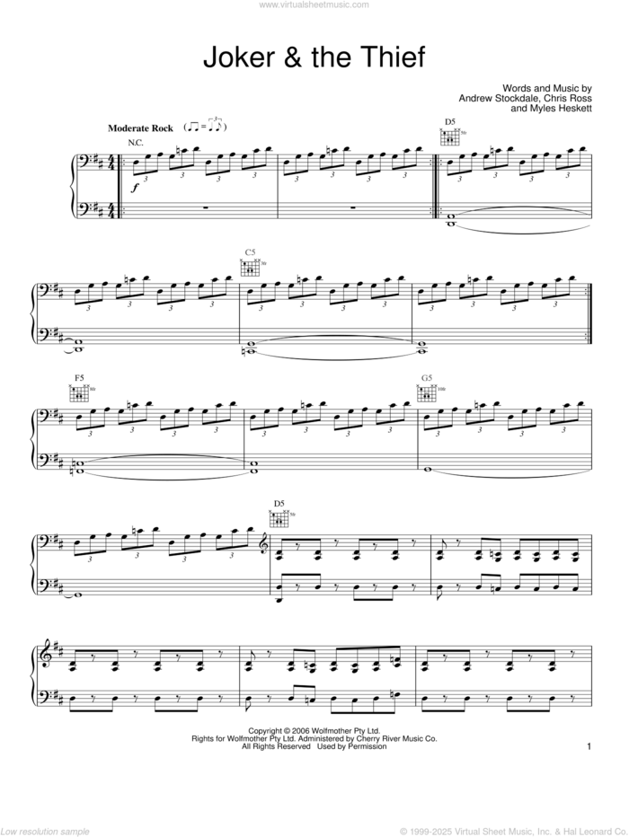 Joker and The Thief sheet music for voice, piano or guitar by Wolfmother, Shrek The Third (Movie), Andrew Stockdale, Chris Ross and Myles Heskett, intermediate skill level