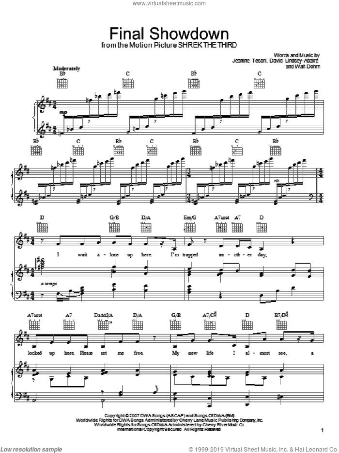Final Showdown sheet music for voice, piano or guitar by Rupert Everett, Shrek The Third (Movie), David Lindsey-Abaire, Jeanine Tesori and Walt Dohrn, intermediate skill level