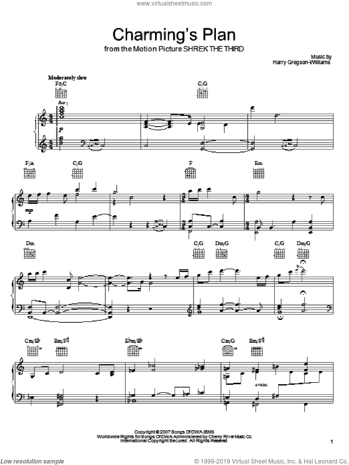 Charming's Plan sheet music for voice, piano or guitar by Harry Gregson-Williams and Shrek The Third (Movie), intermediate skill level