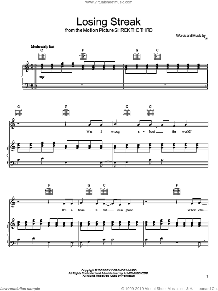 Losing Streak sheet music for voice, piano or guitar by Eels and Shrek The Third (Movie), intermediate skill level