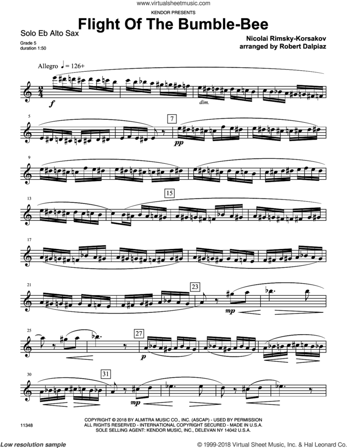 Flight Of The Bumble-Bee sheet music for alto saxophone solo by Robert Dalpiaz and Rimsky-Korsakov, classical score, intermediate skill level