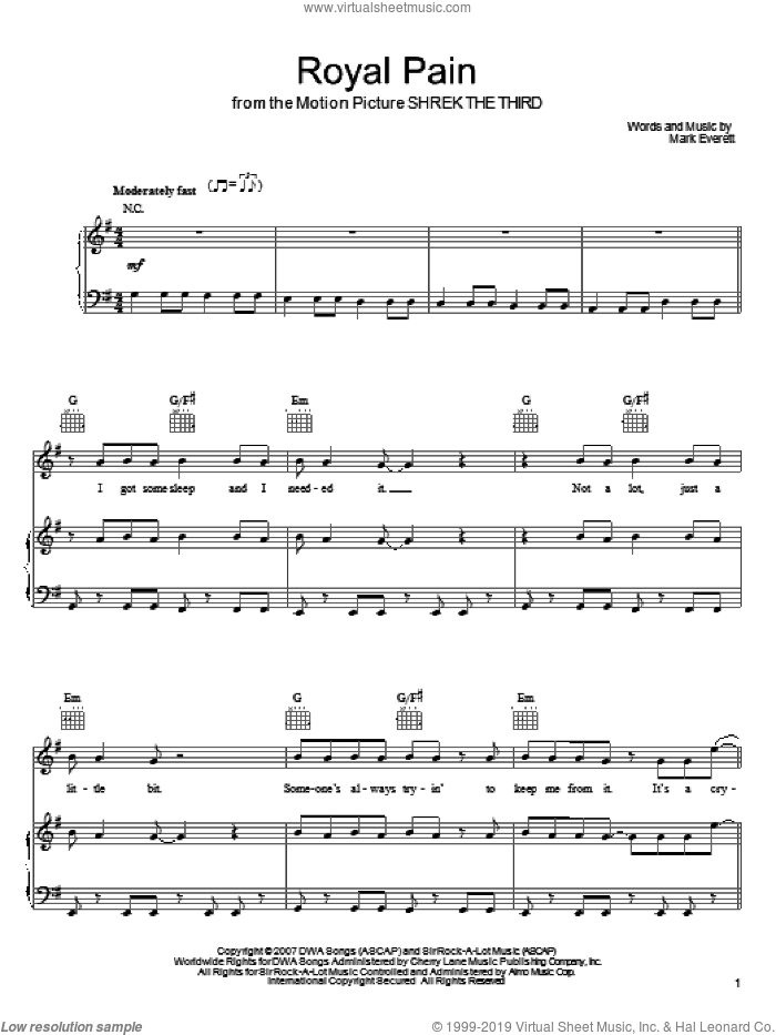Royal Pain (from Shrek The Third) sheet music for voice, piano or guitar by Eels, Shrek The Third (Movie) and Mark Everett, intermediate skill level