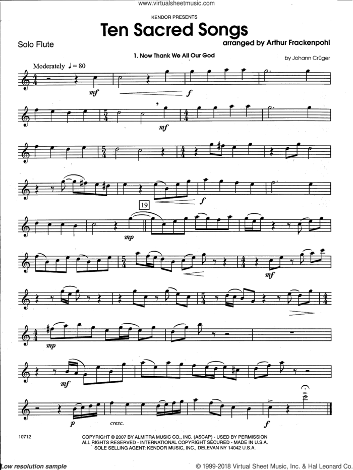 Ten Sacred Songs (complete set of parts) sheet music for flute and piano by Arthur Frackenpohl and Miscellaneous, intermediate skill level