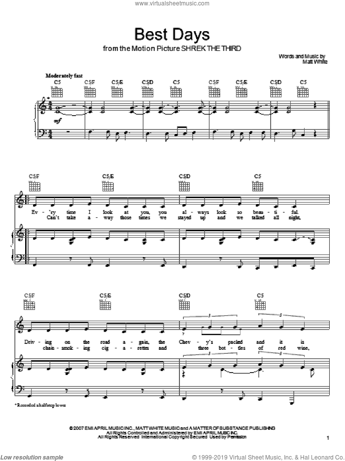 Best Days sheet music for voice, piano or guitar by Matt White and Shrek The Third (Movie), intermediate skill level
