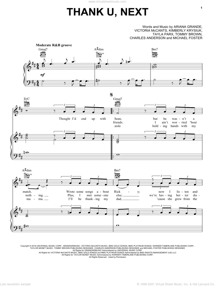thank u, next sheet music for voice, piano or guitar by Ariana Grande, Charles Anderson, Michael Foster, Taylor Parks, Tommy Brown and Victoria McCants, intermediate skill level