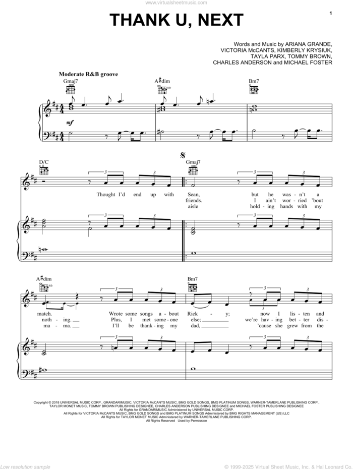 thank u, next sheet music for voice, piano or guitar by Ariana Grande, Charles Anderson, Michael Foster, Taylor Parks, Tommy Brown and Victoria McCants, intermediate skill level