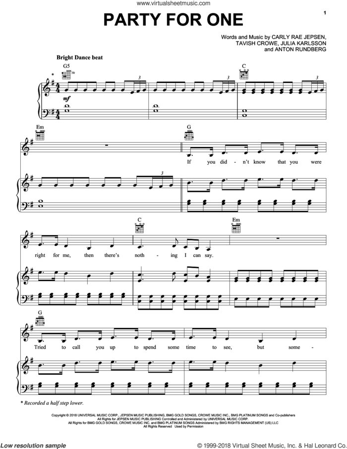 Party For One sheet music for voice, piano or guitar by Carly Rae Jepsen, Anton Rundberg, Julia Karlsson and Tavish Crowe, intermediate skill level