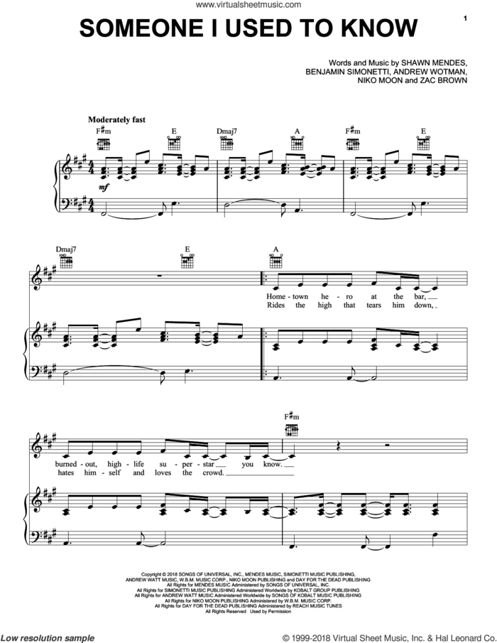 Someone I Used To Know sheet music for voice, piano or guitar by Zac Brown Band, Andrew Wott, Benjamin Simonetti, Niko Moon, Shawn Mendes and Zac Brown, intermediate skill level