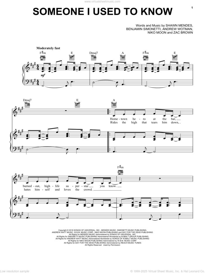 Someone I Used To Know sheet music for voice, piano or guitar by Zac Brown Band, Andrew Wott, Benjamin Simonetti, Niko Moon, Shawn Mendes and Zac Brown, intermediate skill level