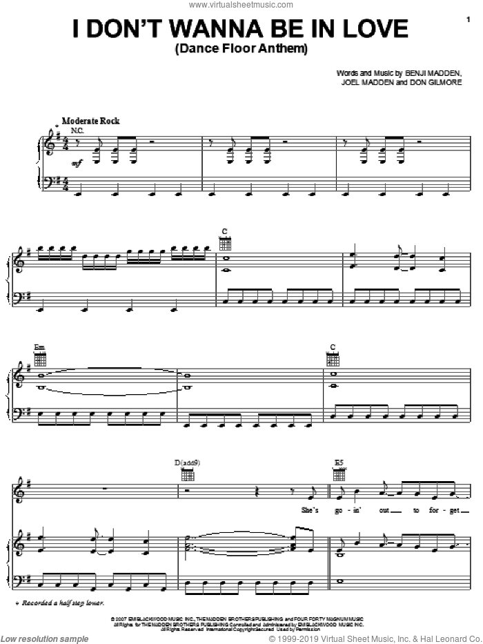 I Don't Wanna Be In Love (Dance Floor Anthem) sheet music for voice, piano or guitar by Good Charlotte, Benji Madden and Joel Madden, intermediate skill level