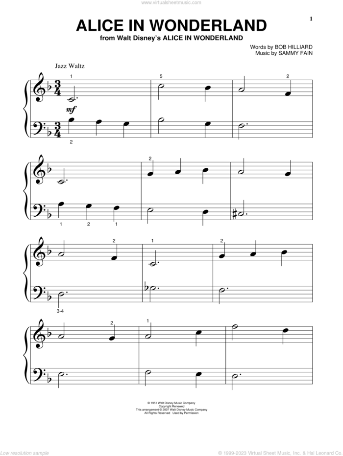 Alice In Wonderland, (beginner) sheet music for piano solo by Bill Evans, Bob Hilliard and Sammy Fain, beginner skill level