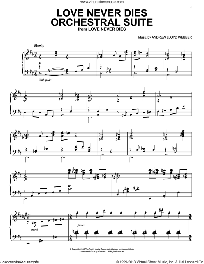 Love Never Dies Orchestral Suite sheet music for piano solo by Andrew Lloyd Webber, intermediate skill level