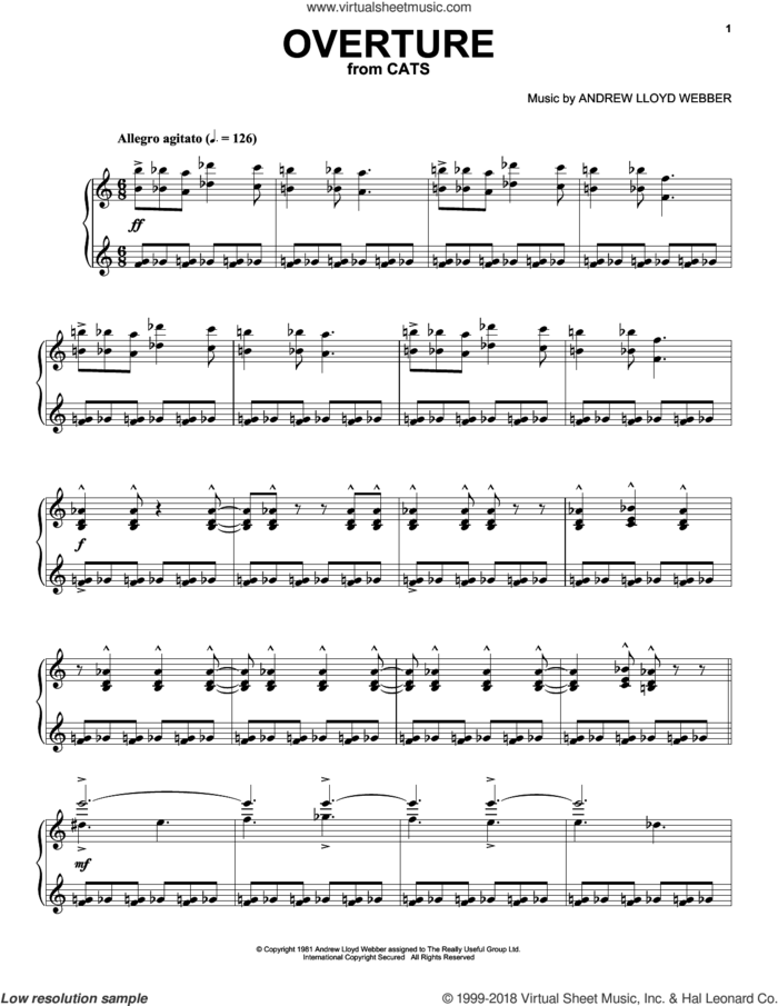 Overture (from Cats) sheet music for piano solo by Andrew Lloyd Webber, intermediate skill level