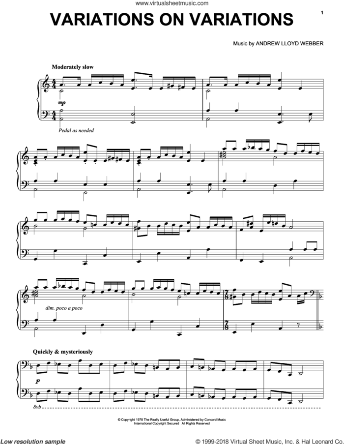 Variations On Variations sheet music for piano solo by Andrew Lloyd Webber, intermediate skill level