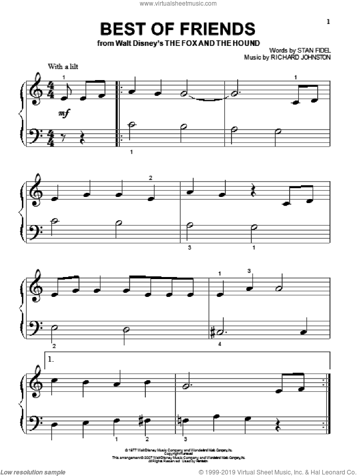 Best Of Friends (from The Fox And The Hound) sheet music for piano solo by Richard Johnston, Pearl Bailey and Stan Fidel, beginner skill level