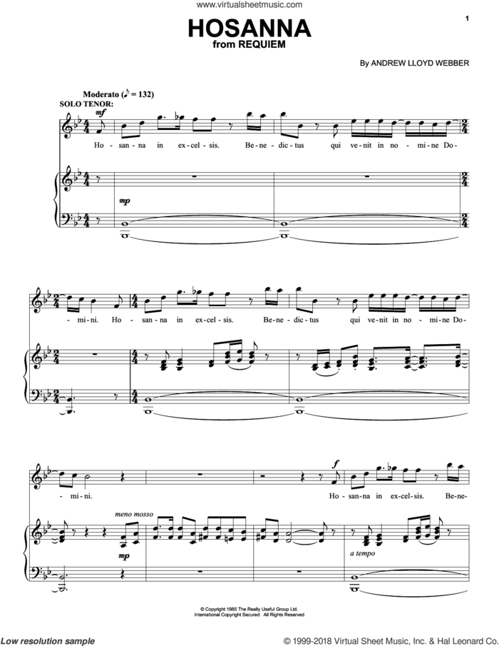 Hosanna sheet music for voice, piano or guitar by Andrew Lloyd Webber, intermediate skill level
