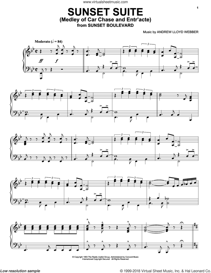 Sunset Suite (Medley Of Car Chase And Entr'acte) sheet music for piano solo by Andrew Lloyd Webber, intermediate skill level
